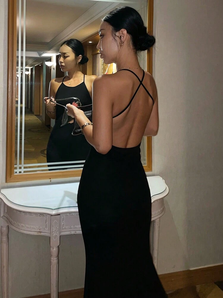 Women Elastic Solid Black Elegant Prom Formal Dress, Backless Midi Vacation Party Beach Dress, Spring/Summer Elegant Sundress,Dress For Wedding Cocktail Dress