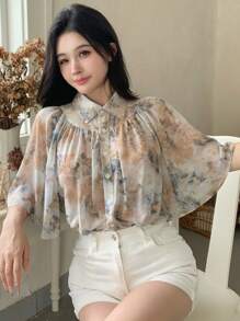 DAZY Spring New Arrival Plant Print Ladies Shirt, Casual For Valentine's Day Sheer Floral - Yellow - View 6