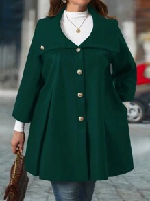 SHEIN LUNE Plus Size Solid Black Loose Fit Overcoat With Metal Buckle High Collar, Fashion - Dark Green - View 4