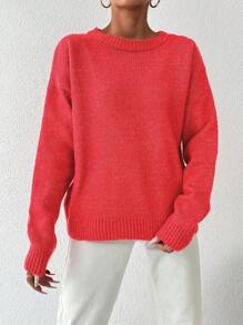 EURMUSE Solid Drop Shoulder Sweater - Red - View 4