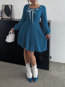 POPSWAY Women Batwing Sleeves Drawstring Crew Neck Casual Sweater Dress, Autumn/Winter - Teal Blue - View 3