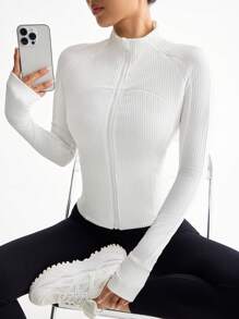 SHEIN Women's Plain Color Raglan Sleeve Zipper Front Ribbed Slim Fit Track Jacket - White - View 7