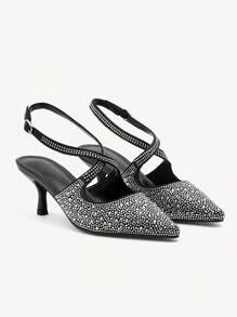 CUCCOO CHICEST Zapatos de tacón alto con puntera puntiaguda y decoración de cristales, elegantes y de moda para mujeres - Plateado - Ver 7