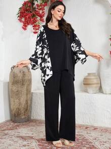 Lacomfia Women's Casual Color Block Round Neck Top With Loose Fit Pants, 2 Pieces Set