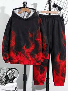SHEIN 2pcs Tween Boy Casual Streetwear Glow In The Dark Hoodie And Pants Set, Fashionable For Commute, Schooling, Daily Casual, Sports, Suitable For Autumn/Winter - Red - View 2