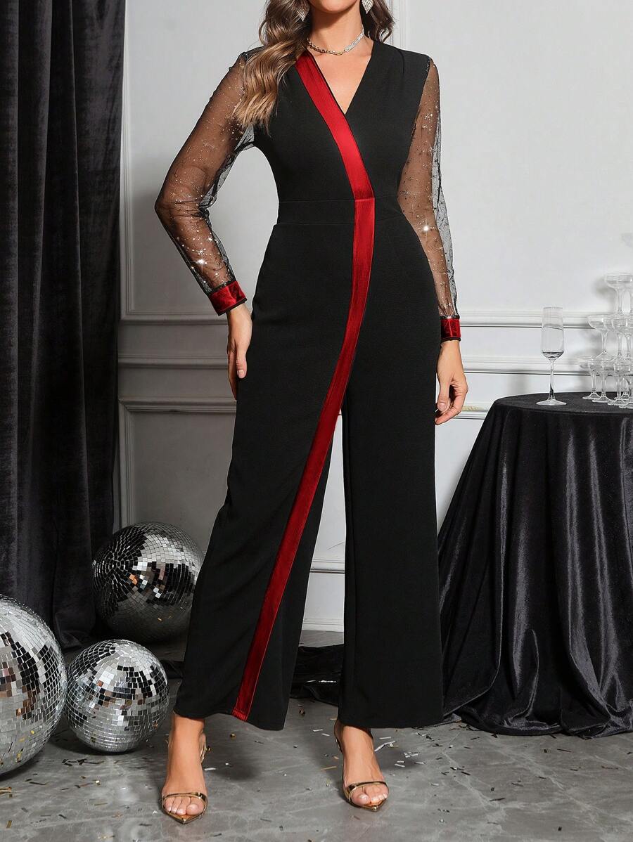 SHEIN Clasi Bộ đồ liền thân dài tay cổ chữ V viền sequin vàng cho nữ, váy vàng - Đỏ - Xem 1