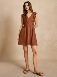 Poéselle Vestido línea A unicolor ribete con fruncido con botón delantero - Marrón Mocha - Ver 6