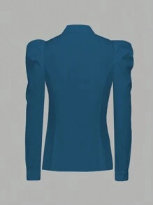 Flirla Plus Size Women Solid Color Puff Sleeve Blouse - Blue - View 2