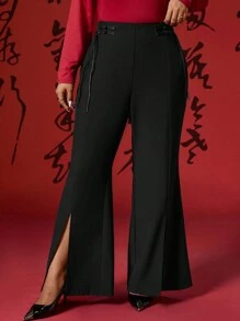 SHEIN Clasi Quần ống loe cài nút phong cách Trung Hoa thanh lịch cỡ lớn dành cho nữ, xẻ tà hai bên, dành cho Tết Nguyên Đán - màu đen - Xem 3