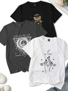 INAWLY 3pcs Set: Spring/Summer Women Faith Pattern & Universe Graphic Fitted Casual Round Neck Short Sleeve T-Shirt - Multicolor - View 5