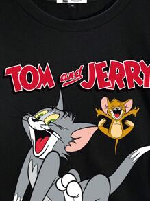 TOM & JERRY X SHEIN Plus Size Casual Cartoon Cat Print Crew Neck Sweatshirt, Autumn