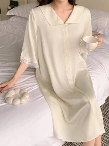 DAZY 蕾丝拼接宽松舒适女士睡衣裙，Moo Moo 睡衣 - 杏色 - 查看 5