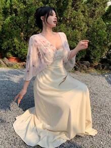 DAZY Women's Elegant Midi Patchwork Dress, Spring/Summer Sundress - Beige - View 8