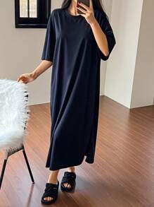 DAZY Minimalist Solid Color Loose Hem Split Lounge Dress, Casual Homewear, Moo Moo Pajama - Navy Blue - View 3