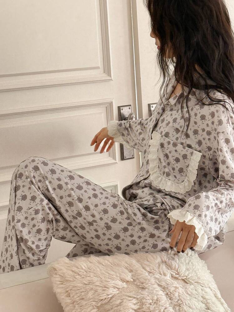 Ditsy Floral Patchwork Lace Trim Loose Long Sleeve Pants Pajama Set