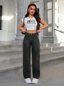 SHEIN EZwear 女式宽松直筒休闲牛仔裤，带口袋 - 黑色 - 查看 6