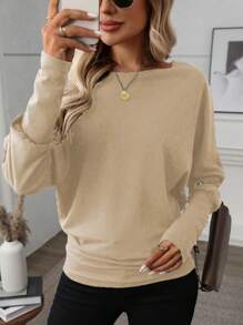 SHEIN LUNE Women's Casual Plain Crew Neck Bat Sleeve Pleated Long Sleeve T-Shirt, Autumn - Apricot - View 5