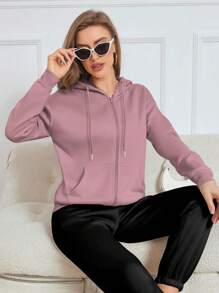 SHEIN Essnce 女士纯色前拉链长袖连帽衫，带口袋，简约风格，适合毕业季、返校季、教师节等场合，秋季返校套头衫 - 藕粉色 - 查看 6