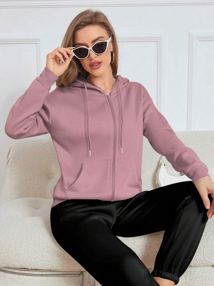 SHEIN Essnce Moletom Feminino com Zíper na Frente, Manga Longa, Capuz e Bolsos, Estilo Minimalista, Ideal para Formatura, Volta às Aulas, Formatura, Professoras, Moletom de Volta às Aulas para o Outono - Rosa empoeirado - Visão 6