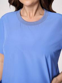 TaskEZ 2pcs Plus Size Solid Color Round Neck Short Sleeve Pocket Top And Pants Uniform Set Scrub Set Nurse Dresses Scrub Tops Scrub Bottoms Lab Coats - Baby Blue - View 7