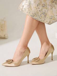 CUCCOO CHICEST Fashion Elegant Golden Color Satin Glitter Rhinestone Metal Decor Pointed Toe Stiletto High Heel Shoes For Wedding Bride Bridesmaid, Party, Date, Holiday, Christmas, Valentine, Comfortable Valentines