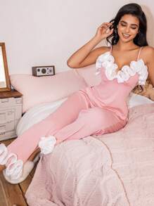 SweetSlumber Conjunto de ropa de dormir de estilo colorblock con volantes para mujer