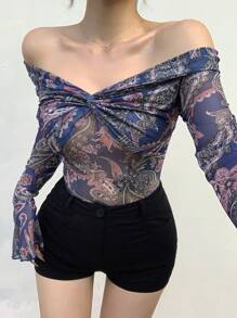 DAZY Blusa bohemia de mujer con estampado floral de malla transparente, hombros descubiertos, mangas largas, para vacaciones de verano, blusas bohemias, top hombros descubiertos, ropa de mujer para otoño