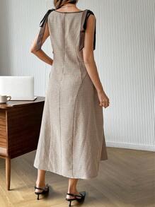 SHEIN Maternity Round Neck Sleeveless Tie-Up Decor Fitted Slim Dress - Brown - View 2