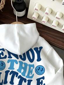 SHEIN EZwear 休闲简约“享受”图案印花连帽套头衫，宽松女式运动衫，适合秋冬季 - 白色 - 查看 3