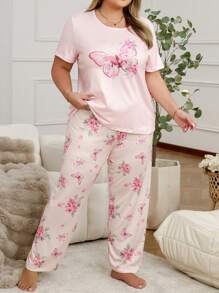 Conjunto de pijama de manga corta con estampado de mariposas y flores para talla grande