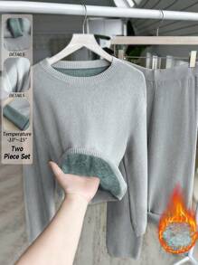 Chiquease 2pcs/Set Fashionable Autumn/Winter Round Neck Loose Casual Knit Pullover Sweater & Wide-Leg Pants Set - Grey - View 7