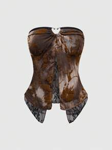 ROMWE Hippie Women Y2K Subculture Flocked Patchwork Lace Splice 2 In 1 Top - Brown - View 1