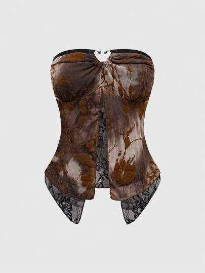 Hippie Women Y2K Subculture Flocked Patchwork Lace Splice 2 In 1 Top