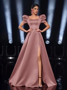 Glamrae Vestido formal elegante de línea A con abertura alta, cuello cuadrado y mangas abultadas, adecuado para citas, fiestas de solteros, bodas, eventos y ocasiones formales, vestido para invitada de boda, vestido de fiesta, vestido de noche, vestido de gala