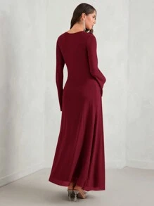 MaterniChic Autumn Women Solid Color Round Neck Flare Sleeve Long Elegant Maternity Dress With Twist-Knot Waist - Burgundy - View 2
