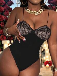 Slaydiva Black Lace Patchwork Lingerie Set, Sexy One-Piece, For Valentine's Day - Black - View 5