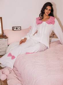 SweetSlumber Conjunto de pijama con cuello Peter Pan, bloques de color y lazo para mujer