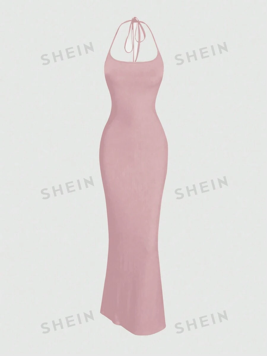 Sweetra Vestido largo minimalista de ajuste ceñido con lazo en la espalda para mujer