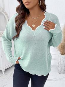 Calvaya Plus Scallop Trim Drop Shoulder Sweater, For Winter Knit Pullover Fall Sweater - Baby Blue - View 7