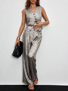 SHEIN Clasi Asymmetrische metalen stoffen damesvest en broekpakset met knoopsluiting
