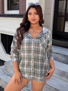 INAWLY Plus Size Women's Plaid Drop Shoulder Loose Hooded Coat With Pockets, Spring & Fall