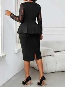 SHEIN Lady Primăvară și vară Toamnă și iarnă Elegantă Birou de navetă Tricotat negru Gât pătrat Dantela contrastantă Volană Tiv Midi Mâneci lungi Plus Size Coordonate Ținute de clasă Primăvară Femei 2 piese Îmbrăcăminte Femei Seturi 2 bucăți