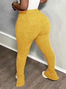 Slaydiva Casual Home Elastic Waist Ribbed Fleece Hem Slit-Side Flare Pants, Navy Blue - Yellow - View 2