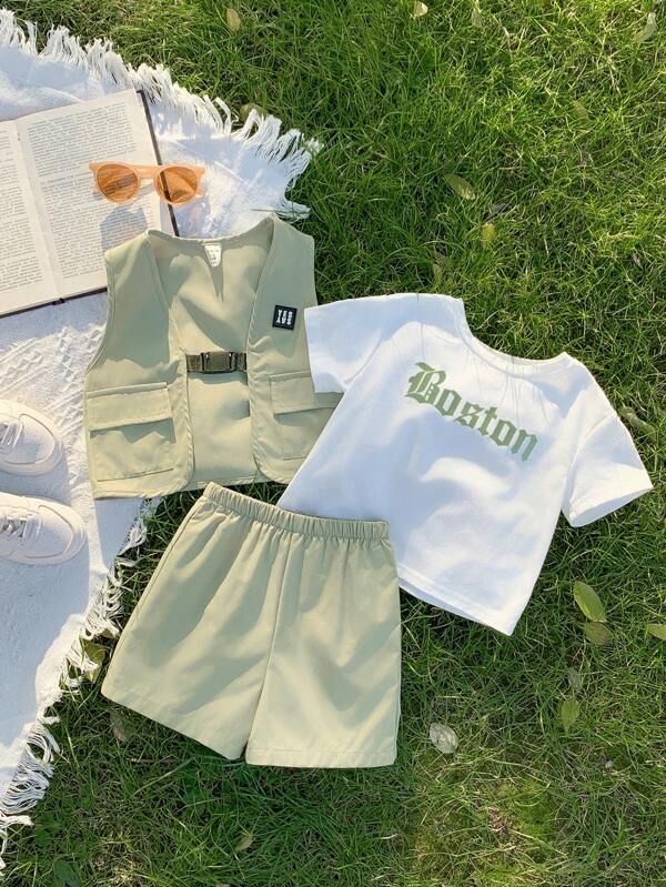3pcs Baby Boy Outfit Set: Soft Knit Green Lettter Graphic Short Sleeve Raglan Pullover, Cargo Pocket Sleeveless Vest, And Elastic Waist Shorts, Summer Sporty Streetwear Suitable For Casual Outings