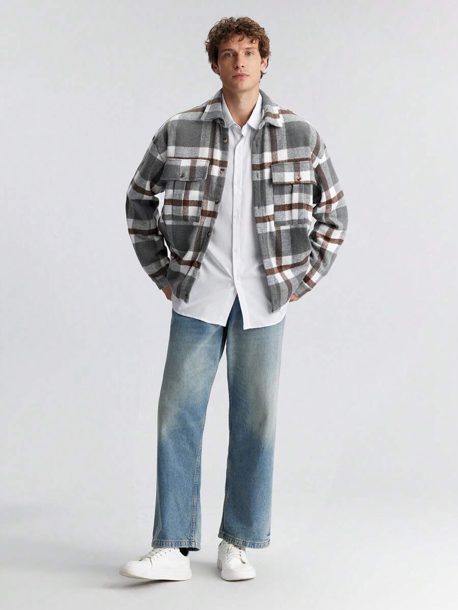 Ontre 男士春季新款纽扣前格子长袖口袋休闲衬衫，时尚百搭，适合约会、节日、新年派对、日常、度假、通勤