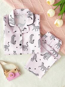 SHEIN 2pcs Girls Pajama Set, Pink Base Color With Leopard Print, Long Sleeve Top And Pants, Casual And Stylish - Pink - View 3