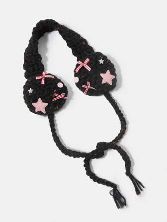 Kawaii 1pc Beige Bohemian Style Knitted Bow, Star & Tassel Decorated Earmuffs, Suitable For Autumn/Winter Wear And Gifts