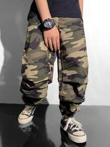 Young Boy Casual Camouflage Loose-Fitting Cuffed Woven Pants , Suitable For Autumn, Spring And Summer, Suitable For Outdoor Play, School, Street Shooting, Party And Home Leisure Back To School Clothes