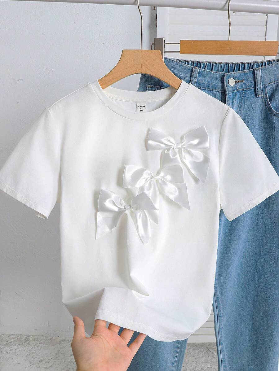 SHEIN 少女返校季校园白色圆领大蝴蝶结短袖舒适休闲T恤 - 白色 - 查看 1
