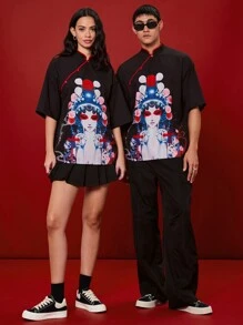 Manfinity VCAY Unisex Woven Four-Way Stretch Oblique Front Stand Collar Short Sleeve New Chinese-Style Shirt - Black - View 3